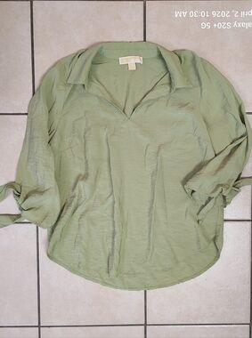Michael Kors Sage Green V-Neck Tie-Sleeve Blouse